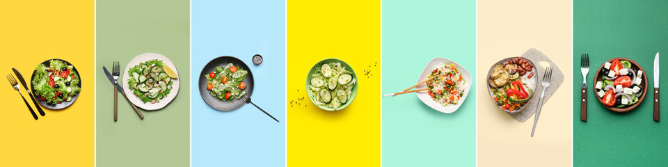 Group of healthy salads on color background, top view