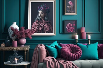 Blush, Berry, Tiffany Blue and deep teal Living Room