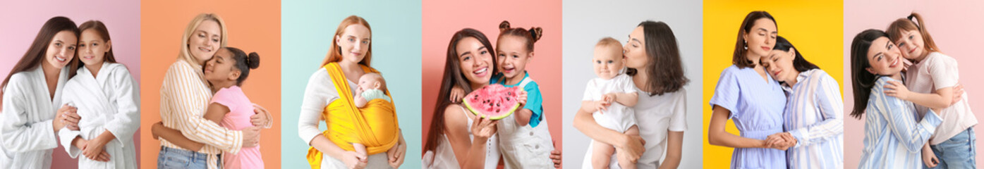 Collage with happy mothers and their children on color background