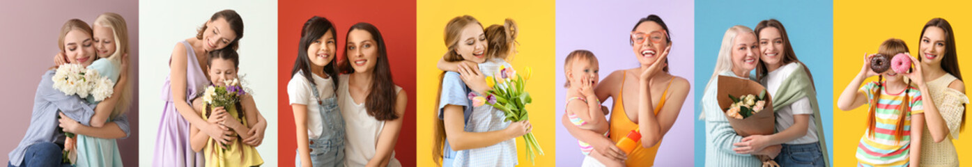 Collage with happy mothers and their children on color background