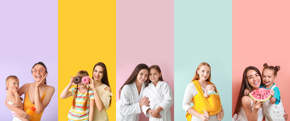 Collage with happy mothers and their children on color background