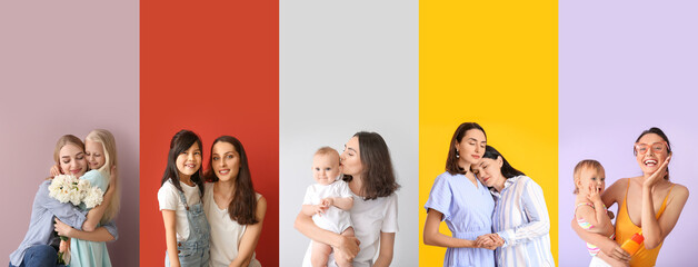 Collage with happy mothers and their children on color background