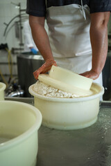 Close-up of a man cheese maker forming cheese into the plastic molds at the milk producing