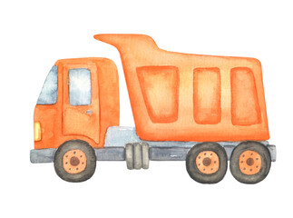 Cute Dump truck, mining dump truck in cartoon style. Watercolor orange construction machine isolated on white background