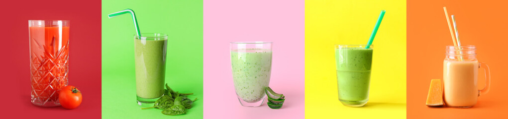 Set of fresh smoothies on colorful background