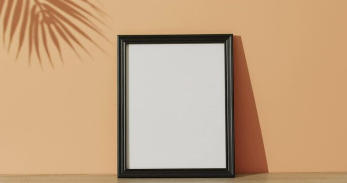 Black frame with copy space on white background and shadow of leaf against orange wall