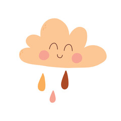 Cute cloud in boho style. Vector illustration. Flat style. Hand drawn cloud with rain isolated on white background.