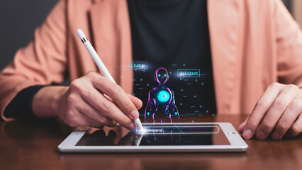 Chat AI or Artificial Intelligence technology, businessman use AI smart technology by inputting,...