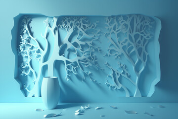 abstract gentle light blue background for product presentation with light and intricate shadows from tree branches on the wall., Generative AI	