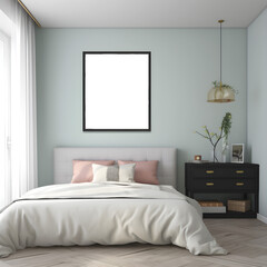 modern interior of a bedroom with wall art frame template created with generative AI technology.