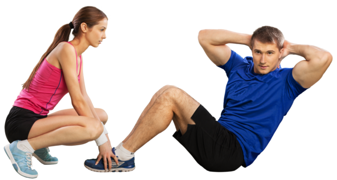 Young couple training together  on white background