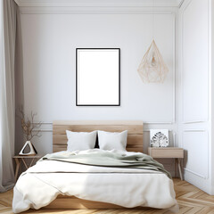 zen and natural interior of a bedroom with wall art frame template created with generative AI technology.