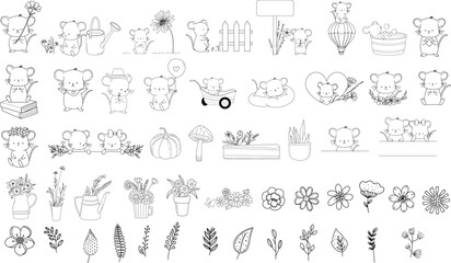 Big set baby mouse animal cartoon with flower hand drawn,doodle,line art style 
Cute cartoon funny character collection. Flat design Baby background.vector illustration