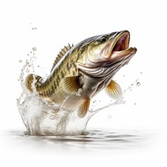 Largemouth bass jumping out of water isolated on a white background, exciting and dynamic moment, sport fishing, beauty of nature, generative ai - obrazy, fototapety, plakaty