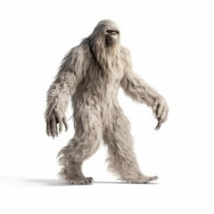 Portrait of an arctic yeti sasquatch bigfoot creature walking isolated on a white background, generative ai - obrazy, fototapety, plakaty