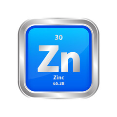 Icon structure Zinc (Zn) number 30 chemical element square blue line silver. Periodic table. Sign with atomic number. Study in science for education. 3D vector illustration.	