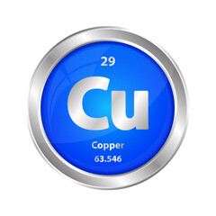 Icon structure  Copper (Cu) chemical element round shape circle blue. Chemical element of the periodic table. Sign with atomic number. Study in science for education. 3D vector illustration.	