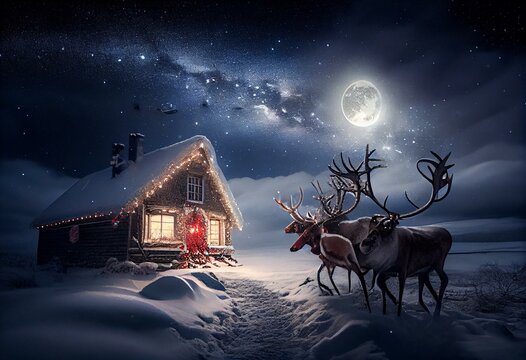 Santa Clause and Reindeers Sleighing Through Christmas Night Over the Snow Fields and Santas House at North Pole. Generative AI