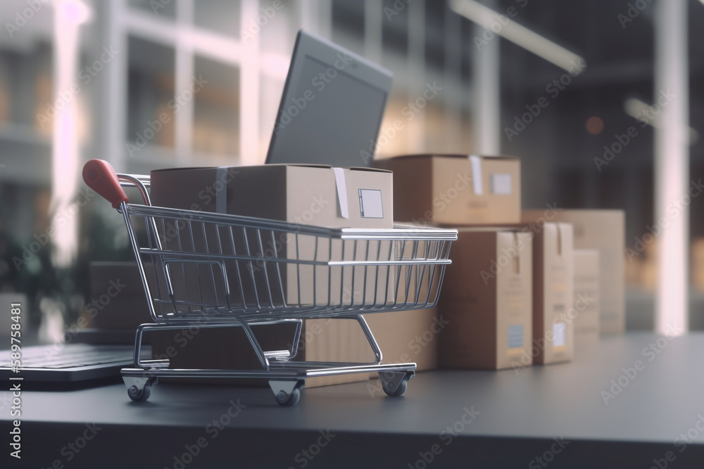Poster product package boxes in a cart with a shopping bag and laptop computer with blurred web store shop 