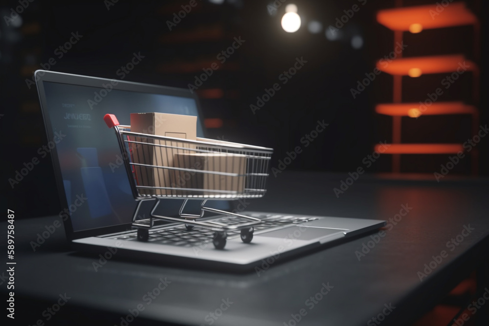 Poster product package boxes in a cart with a shopping bag and laptop computer with blurred web store shop 