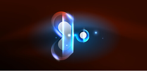 Neon glowing geometric shapes vector abstract background. Round elements, light effects and glass glossy style with color backdrop. Space cosmic or magic energy wallpaper