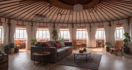 Fototapeta na wymiar Industrial Meets Yurt: An Unconventional Living Room in Hong Kong generative ai