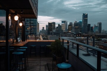 Rooftop bar with skyline views and trendy decor with a cool and edgy style | Generative AI