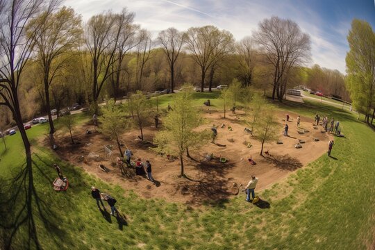 Earth Day image of a group of people planting trees in a park shot from a wide angle to showcase the scale of the project and the impact of individual actions on the environment  | Generative AI
