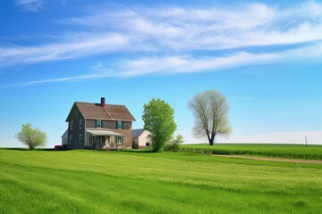 Fototapeta premium Rustic farmhouse in a spring landscape with green fields and blue skies | Generative AI