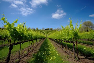 Fototapeta na wymiar A vineyard in spring with lush green vines and a bright blue sky | Generative AI