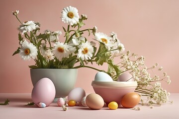 Easter-inspired still life compositions with pastel colors spring flowers and Easter eggs  | Generative AI