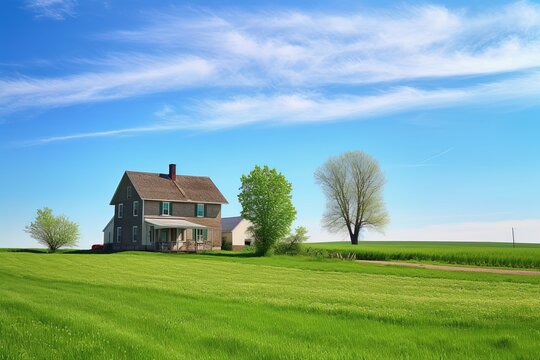 Rustic farmhouse in a spring landscape with green fields and blue skies  | Generative AI