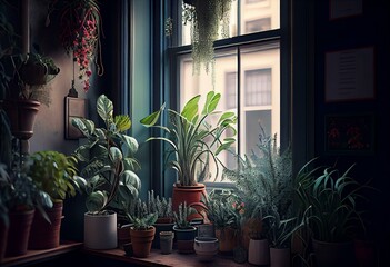 a room filled with potted plants and flowers next to a window. generative ai