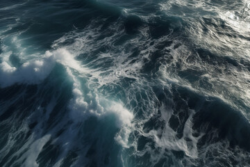 Fototapeta na wymiar photo of ocean sea water white wave splashing in the deep sea. Drone photo backdrop of sea wave in bird eye waves, Generative AI 