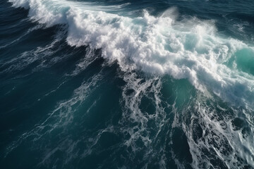 Spectacular aerial top view background photo of ocean sea water white wave splashing in the deep sea. Drone photo backdrop of sea wave in bird eye waves, Generative AI 