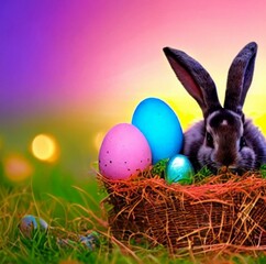 Basket with easter eggs on green grass and dark Easter bunny AI