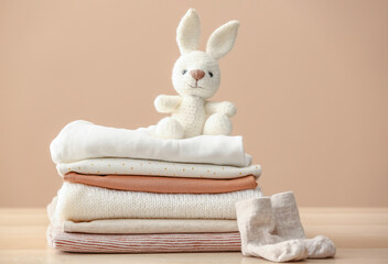 Stack of baby clothes, socks and toy bunny on table against color wall