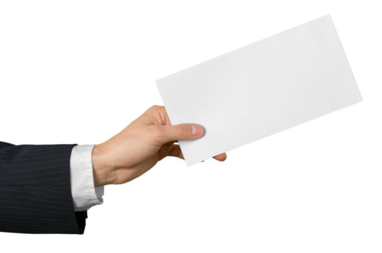 Hand with a blank card isolated on white background.