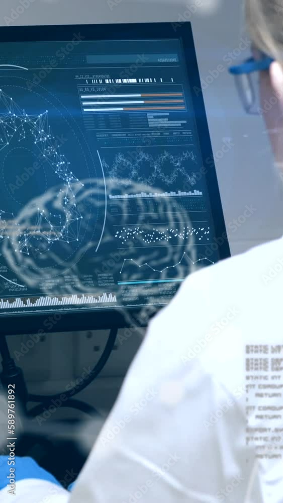 Poster animation of scientific data processing over female scientist using computer