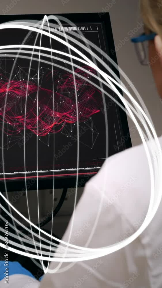 Poster animation of circles spinning over female scientist using computer