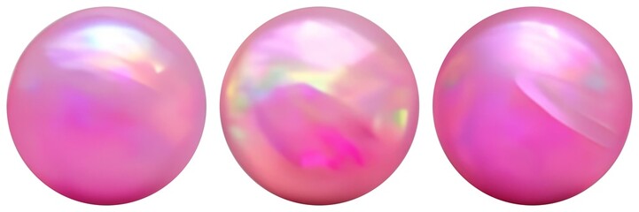 Pearl bright pink color set on white background isolated. Gemstone ball shaped 3d graphic.