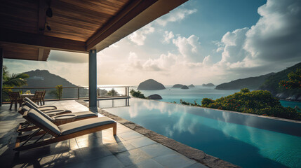 Fototapeta premium Patio with an infinity pool in the Seychelles. Generative AI
