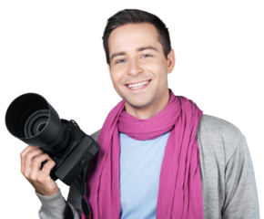 Portrait of young handsome man with camera isolated on white background