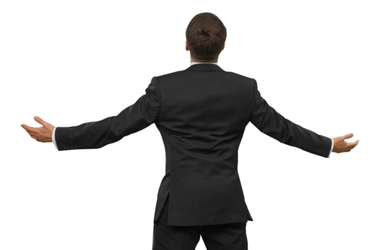 Happy businessman in suit, back view isolated on white