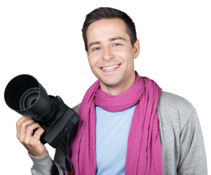 Portrait of young handsome man with camera isolated on white background