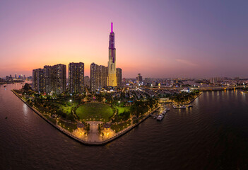 view of the sunset at  Landmark tower, Ho Chi Minh city, Vietnam in February 2023.