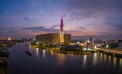view of the sunset at  Landmark tower, Ho Chi Minh city, Vietnam in February 2023.