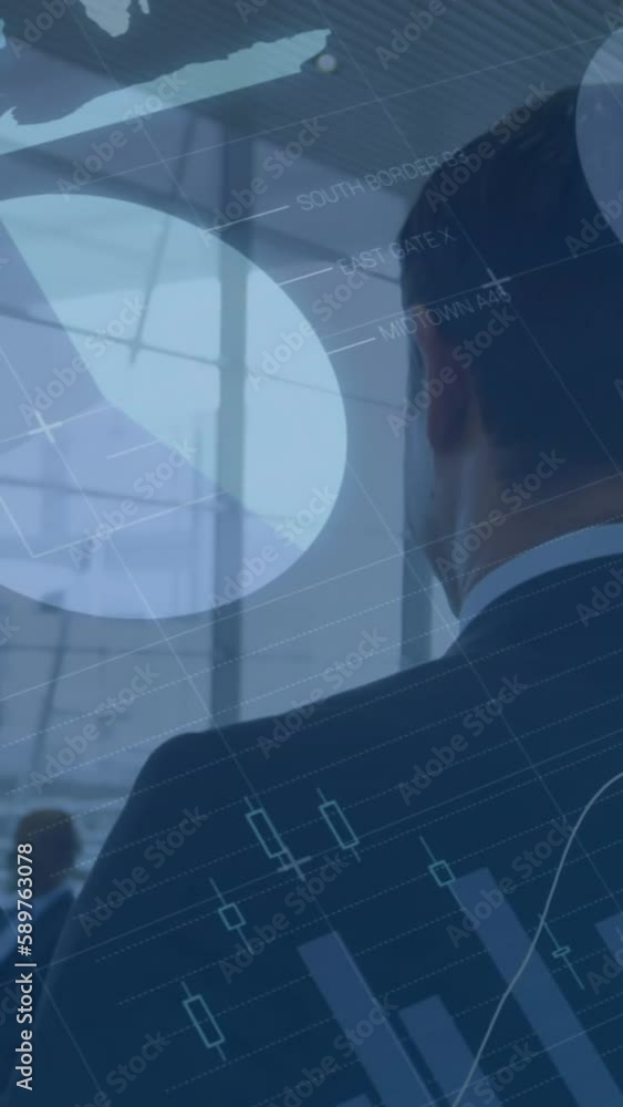 Poster animation of statistics and data processing over businessman