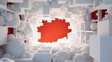 Flying realistic clouds, Red square hole on the white wall with Minimalist geometric wallpaper