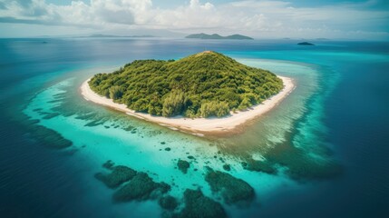 Tropical island top aerial view. Generative AI - obrazy, fototapety, plakaty
